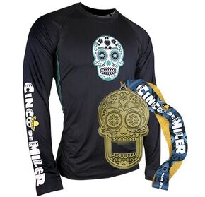 Image of Cinco de Miler long sleeve tech shirt and sugar skull race medal.