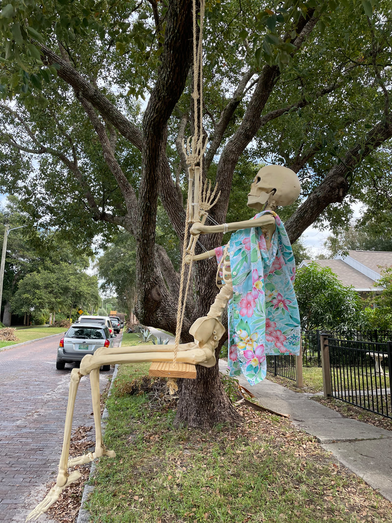 Halloween decoration of skeleton sitting on a swing hanging from a tree.