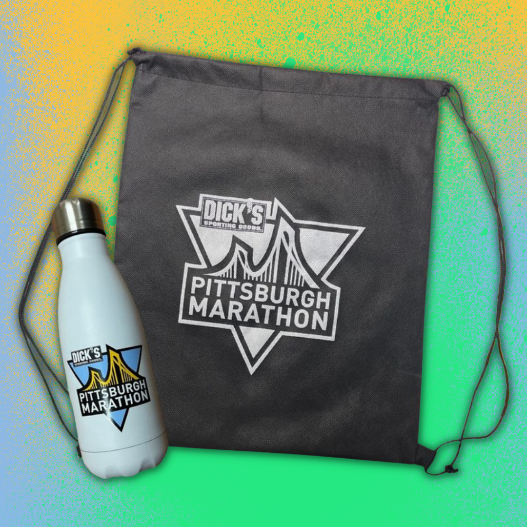 Premium gifts for 2022 half and full marathoners are this steel water bottle and drawstring bag with race logos.